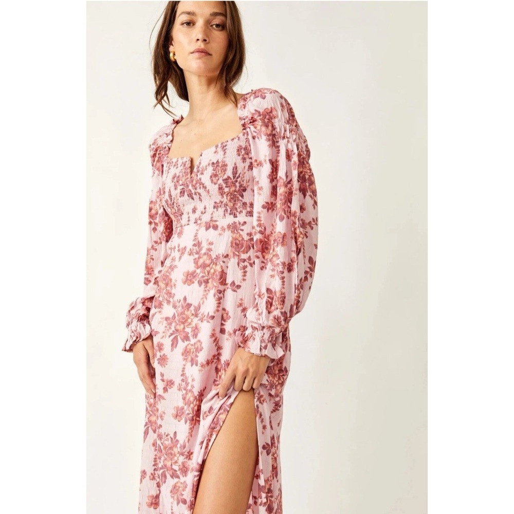 Free People Jaymes Midi Maxi Peasant Dress Smocked Long Sleeve Cottage Boho L